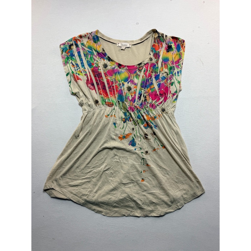 Decree Floral Empire Waist Top Womens Extra Large Tan Excellent Short Sleeve